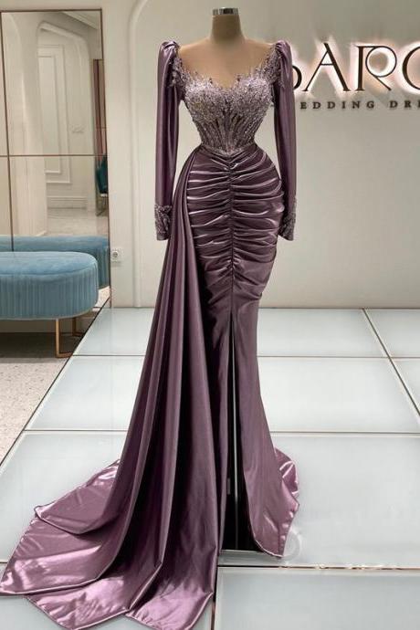Sexy Prom Evening Dresses Long Sleeve Mermaid Party Dress 2022 High Split Beadings Cocktail Gowns Saudi Arabia Dubai