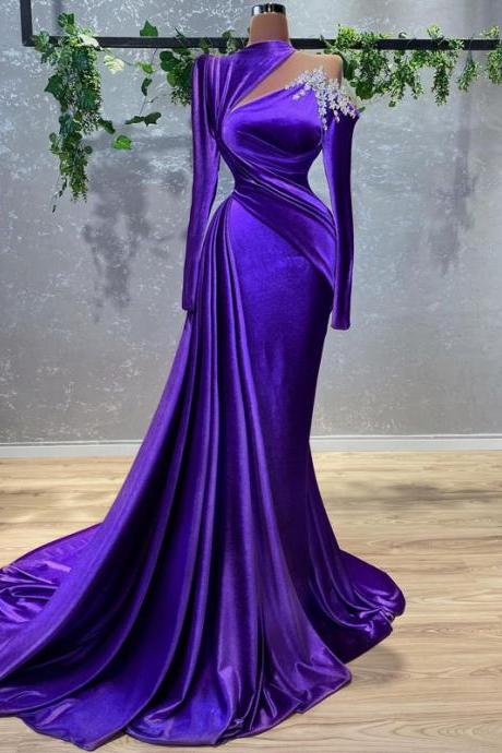 Sexy Mermaid Prom Evening Dress Long Sleeve Velvet Party Dresses Beadings Purple Floor Length Cocktail Gowns Plus Size