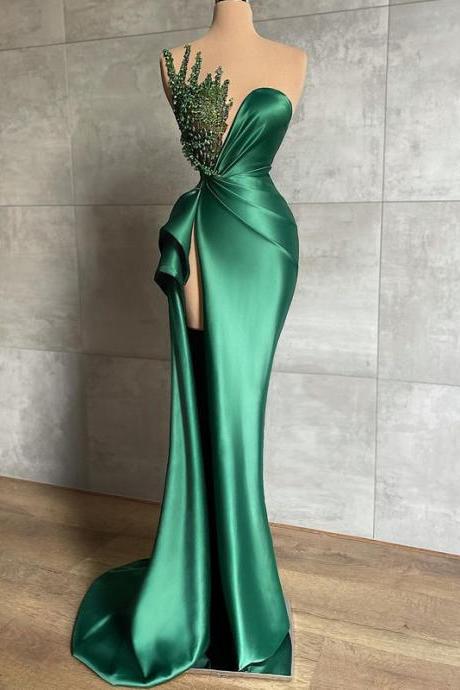 Sexy Prom Dresses Beadings Floor Length Mermaid Evening Dress High Split Saudi Arabia Cocktail Party Gowns Plus Size