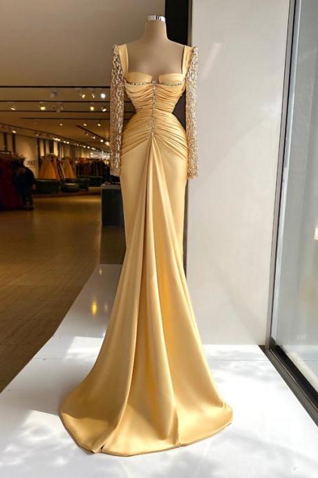 Yellow Prom Dresses Formal Long Sleeve Satin Evening Dress Saudi Arabia Mermaid Sequins Long 2021 Cocktail Party Gowns