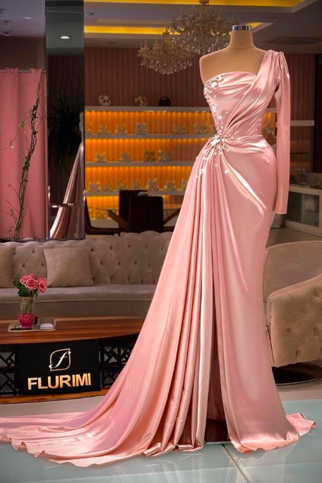 Pink Prom Dresses, One Shoulder Prom Dresses, Crystal Prom Dresses, Long Sleeve Prom Dresses, Fashion Evening Dresses, Satin Evening Dresses,