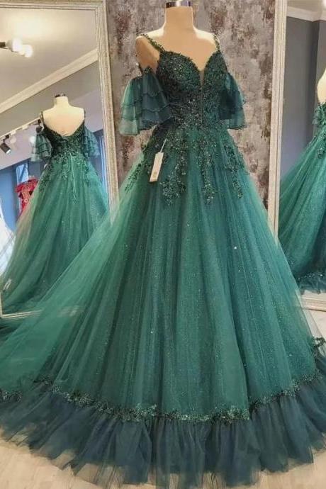 prom dresses, sweetheart neckline prom dresses, sparkly prom dresses, beaded prom dresses, tulle prom dresses, a line evening dresses, dark green prom dresses, short sleeve prom dresses, tulle evening gowns