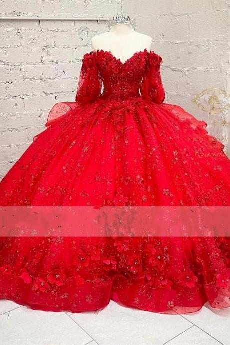 ball gown prom dresses, 2022 off the shoulder evening dress, long sleeve prom dresses, arabic evening dresses, 3D flowers prom dresses, puffy evening dresses, red evening dresses, long sleeve evening gowns, cheap evening gowns, luxury prom dresses