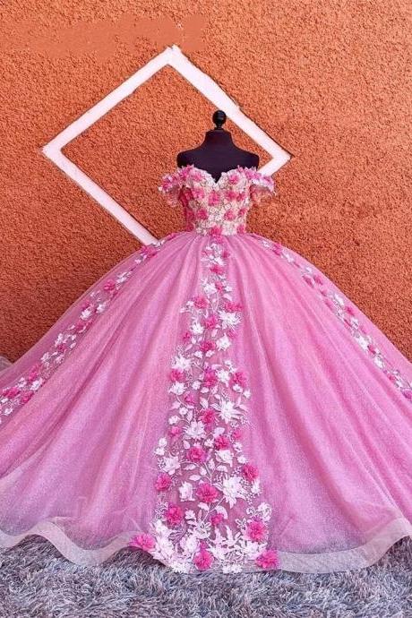 pink prom dresses, 2022 prom dresses, sweetheart evening dresses, hand made flowers evening gowns, puffy evening dresses, 3D flowers evening dresses, ball gown evening dresses, 3D flowers evening gowns, pink formal dresses