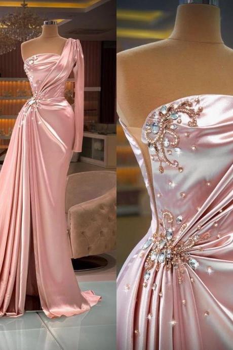 Pink Prom Dresses, Pink Evening Dresses, Strapless Prom Dresses, Beaded Prom Dresses, Pearls Prom Dresses, Crystal Prom Dresses, Side Slit