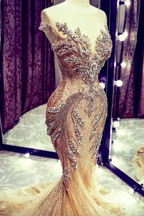 Luxury Prom Dresses, Sparkly Evening Dresses, Mermaid Evening Dresses, Champagne Evening Dresses, Court Train Evening Gowns, Beaded Evening