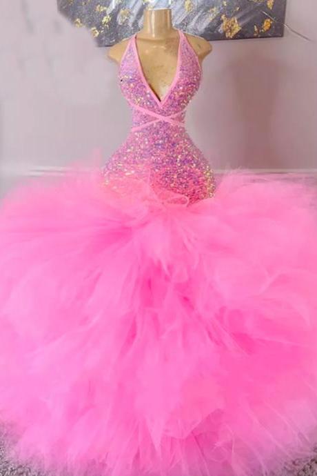 pink prom dresses, sequins prom dresses, mermaid evening dresses, fashion evening dresses, cheap party dresses, tiered evening dresses, custom make evening gowns, new arrival formal dresses