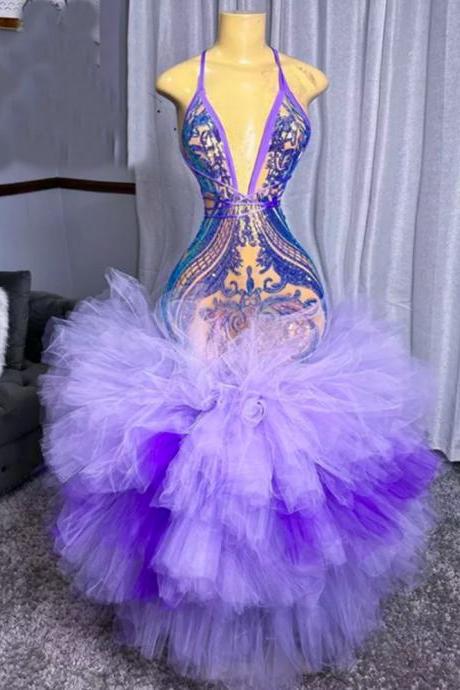 Purple Prom Dresses, Sequins Evening Dresses, Sparkly Evening Dresses, Mermaid Evening Dresses, Tiered Evening Dresses, Floor Length Evening