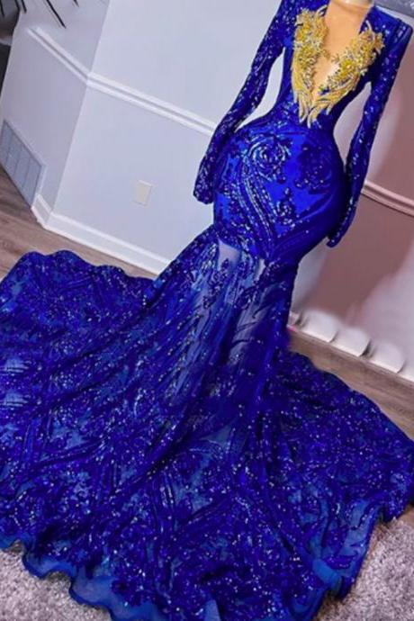 royal blue prom dresses, 2022 evening dresses, long sleeve evening dresses, lace evening gowns, court train prom dresses, shinning evening dresses, royal blue evening gowns, sexy formal dresses