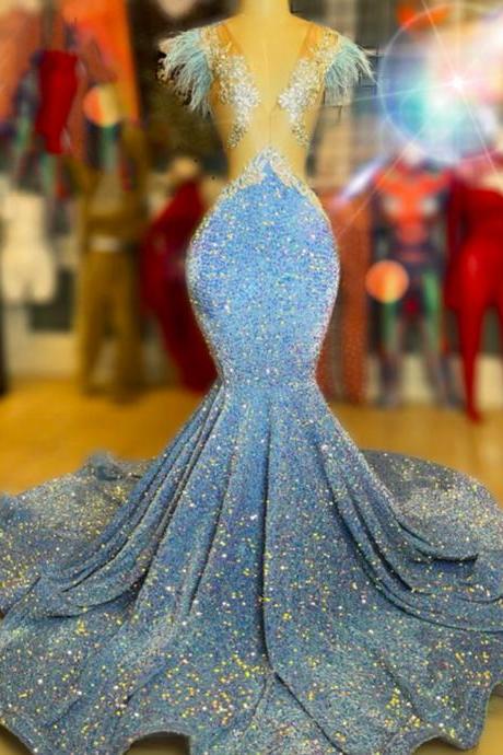 Sparkly Prom Dresses, 2022 Evening Dresses, Shinning Prom Dresses, Blue Prom Dresses, Feather Prom Dresses, Mermaid Evening Dresses, Arabic