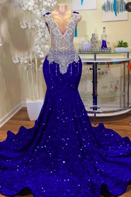 royal blue prom dresses, crystal prom dresses, beaded prom dresses, mermaid evening dresses, sequins party dresses, mermaid evening gowns, 2022 prom dress, fashion evening gowns, new arrival formal dresses, cheap evening gowns