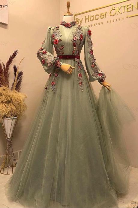 Elegant Mint Green A-Line Prom Dress Long Sleeves Formal Party Dresses Flowers Beads Lace Tulle Muslim Evening Gowns 2022