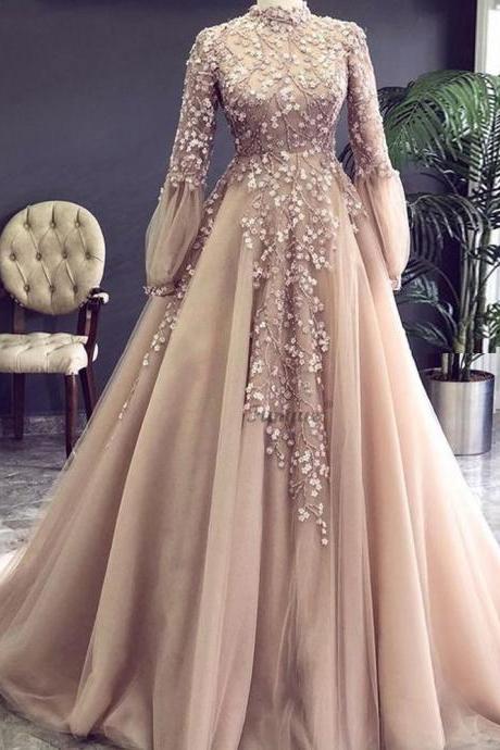 Arabic Muslim Evening Dresses Long Sleeves Appliques Flowers Beading Evening Gowns A-line Tulle Formal Prom Dress