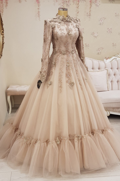 Funyue Delicate Champagne Appliques Lace Prom Dress 2022 Elegant Long Sleeve A-line Tulle Long Formal Evening Gown فساتين السهرة