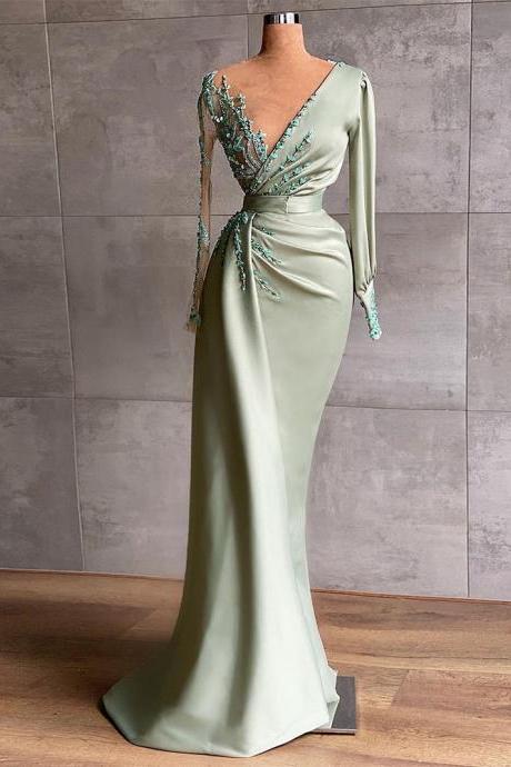 Exquisite Beading Satin Mermaid Prom Dresses Long Sleeves V-Neck Evening Gown Pleats Dubai Women Formal Party Gown
