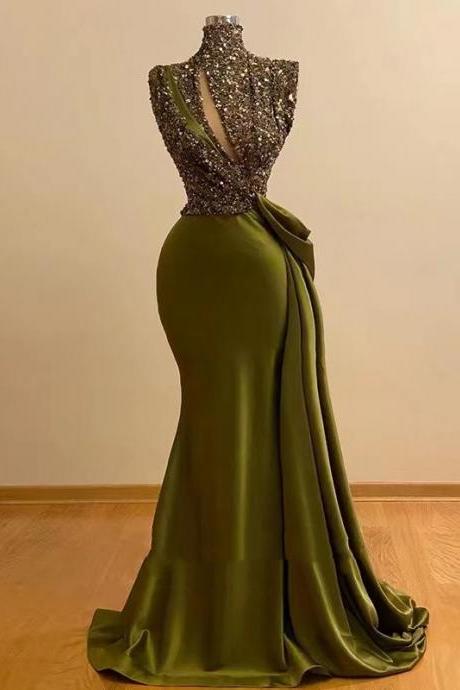 Vintage Sparkling Sequins Mermaid Prom Dresses High Neck Evening Gown Saudi Arabic Long Formal Party Gown فساتين السهرة