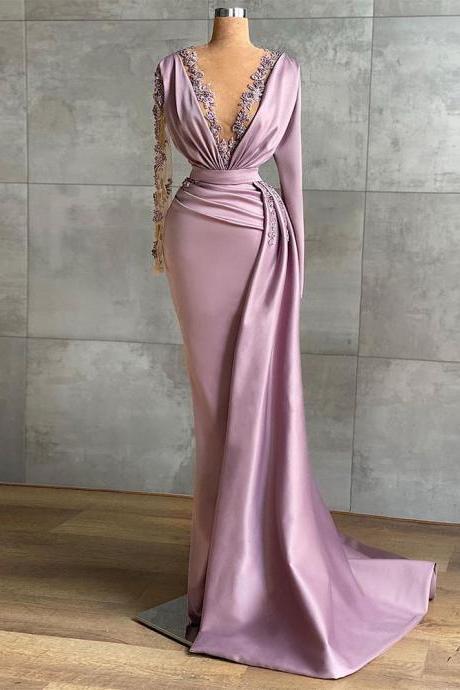 Lace Appliques Beading Satin Mermaid Prom Dresses V-neck Long Sleeve Evening Gown Pleats Dubai Women Formal Party Gown