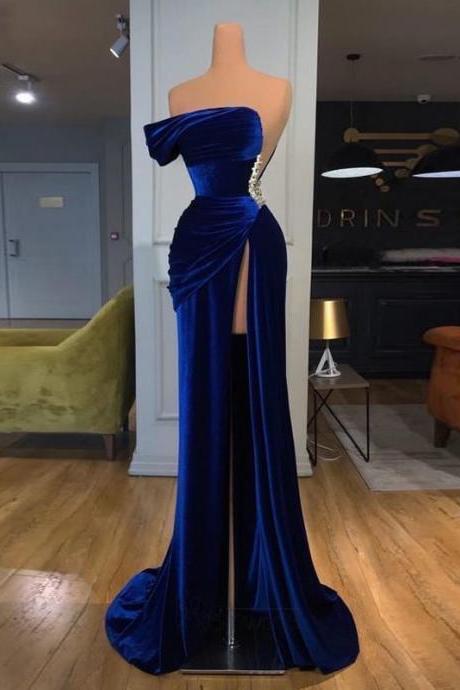 Royal Blue Velvet Mermaid Long Evening Dress Strapless Robe De Soiree Dubai Formal Gowns High Split Sexy Evening Dresses