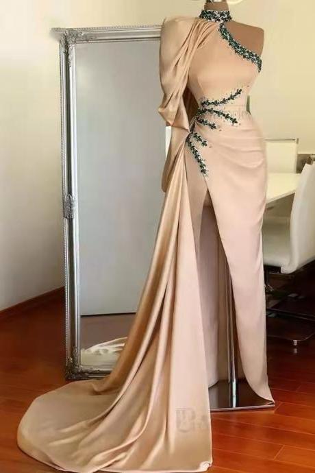 Saudi Arabic Women Evening Dresses Puff Long Sleeves Crystal High Neck Slit One Shoulder Prom Dress Tea Length Formal Party Gown