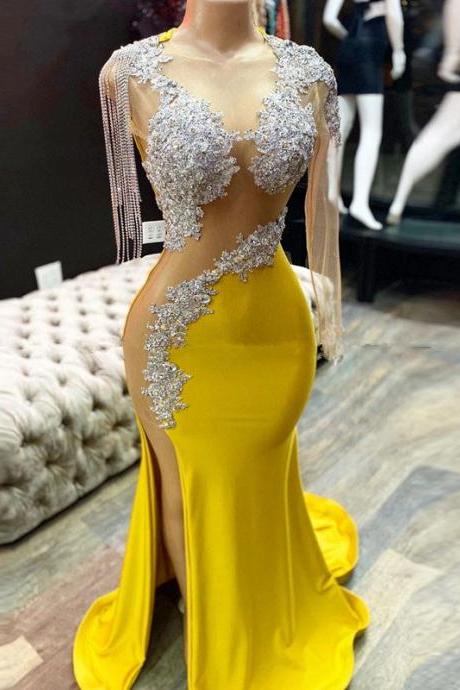 Sexy Yellow Prom Dresses 2022 Luxury For Black Girl Mermaid Illusion Bead Long Sleeve Tassel Evening Gowns Graduation Gala Dress