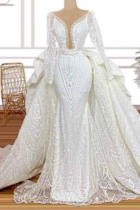 Luxury Lace Wedding Dresses For Women 2021 Bride Mermaid Dubai Long Sleeve Bead Detachable Train Bridal Wedding Gowns Plus Size