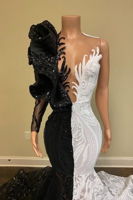 White And Black Prom Dresses Mermaid 2022 For Black Girls Sparkly Sequin Long Sleeveve Rufflues African Formal Evening Gala Gown