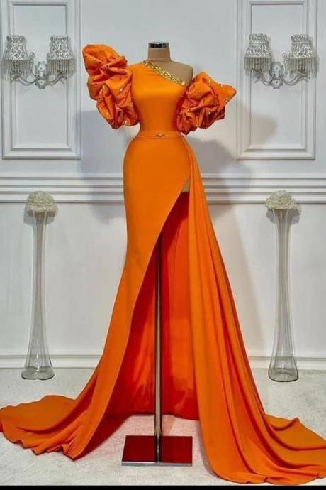 Soft Satin One Shoulder Evening Dresses Long 2022 Bead Ruffle Puffy Sleeves High Slit Orange Women African Black Girl Prom Gowns
