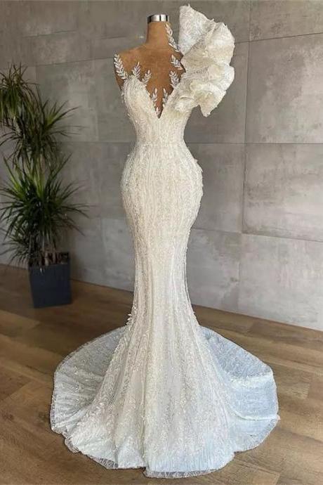 Cutstom Made Mermaid Lace Wedding Dresses Long Luxury 2022 Celebrity Beads Ruffle Crystal Bride Bridal Gown Plus Size