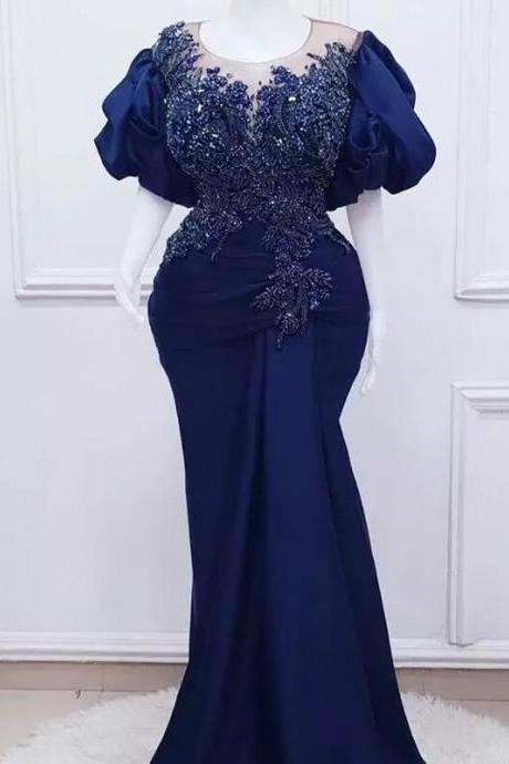 Navy Blue Prom Dresses Long Luxury Puffy Sleeves Sheer Neck Beads Appliques Mermaid Formal Party Gowns Evening Dress Plus Size