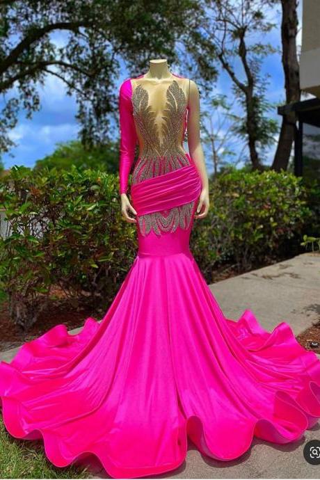 Sexy Open Back Pink Prom Dresses Mermaid 2022 Luxury For Black Girl Beads Long Sleeve Women Formal Evening Gown For Wedding