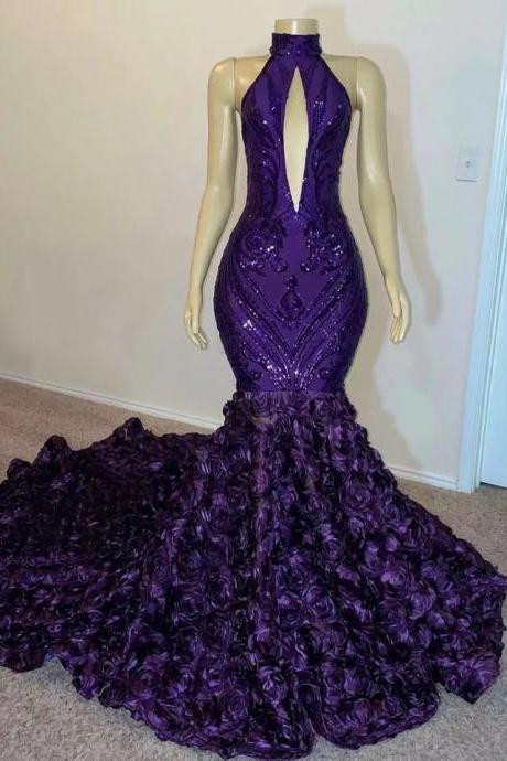 Purple Sequin Prom Dresses Mermaid 2022 Luxury For Black Girl High Neck With Flowers Women Evening Gowns For Wedding Gala Dress