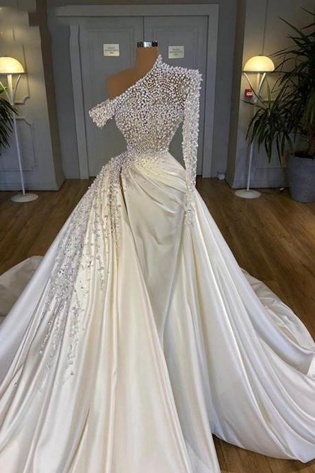 Saudi Arabic Wedding Dress Satin For Women 2022 Mermaid Pearls Beaded Long Sleeves Puffy Train African Bridal Gowns Plus Size