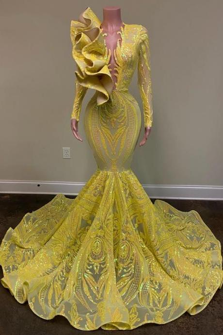 Yellow Mermaid Prom Dresses For Black Girls 2022 Sequin Long Sleeve Sexy African Women Formal Evening Party Gowns For Wedding