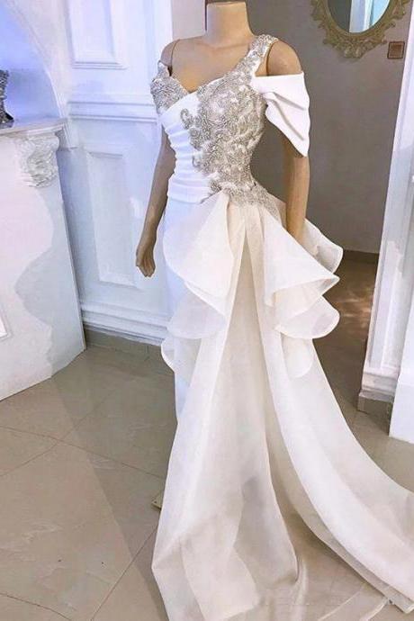 African White Evening Dresses Long Luxury 2022 Off Shoulder Beaded Crystal Overskirt Dubai Women Formal Wedding Party Party Gown