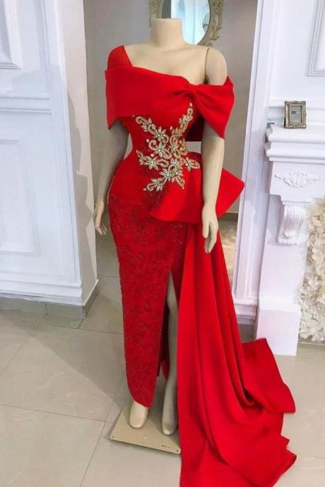 African Red Mermaid Evening Dresses Long Luxury 2022 Off Shoulder Beaded With Satin Overskirt Formal Dress Party Gown