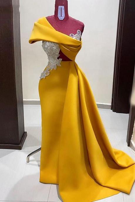 Gold Satin Mermaid Arabic Evening Dresses 2022 Beaded One Shoulder Elegand African Women Formal Dreses Wedding Party Gowns
