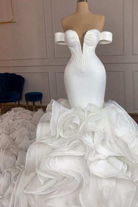 Elegant Off The Shoulder Mermaid Wedding Dresses 2021 With Ruffles Bottom Long Train African Women Bride Bridal Gowns Plus Size