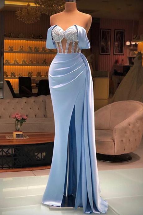 2022 Elegant Light Blue Prom Dresses Off The Shoulder Simple Mermaid Satin Evening Dress Women Formal Party Robes De Soirée