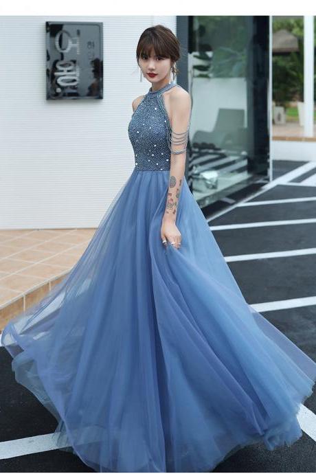 Blue Prom Dresses 2022 Crew Neckline Beading Sequins Tulle Backless Floor Length Long Evening Dresses Vestidos De Fiesta Crystal Formal Dresses