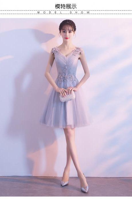Blue Bridesmaid Dresses 2022 V Neck Pleats Lace Appliques Beading Knee Length Shinning Evening Dresses Formal Prom Dresses