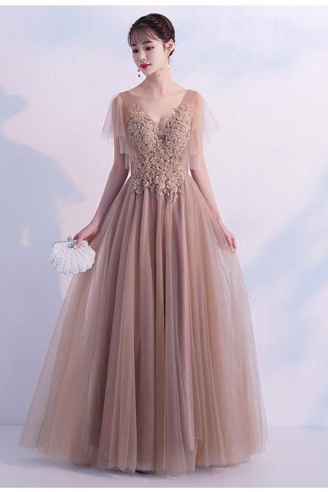 Champagne Prom Dresses 2022 V Neck Beading Sequins Lace Appliques Floor Length Short Sleeve Long Evening Dresses Gowns