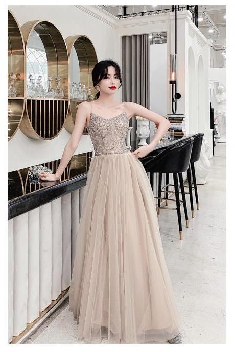 Champagne Prom Dresses 2022 Strapless Neckline Beading Pearls Tulle Floor Length Sparkly Long Evening Dresses Tulle Evening Gowns