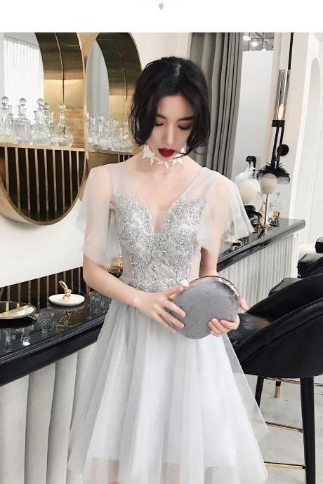 Champagne Prom Dresses 2022 Short Sleeve Lace Appliques Beading Sequins Knee Length Evening Dresses Tulle Evening Gowns