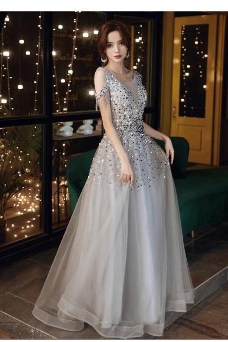 Sparkly Evening Dresses 2022 V Neck Tassel Tulle Beading Sequins Tulle Long Evening Gowns Prom Dresses Formal Evening Party Dresses