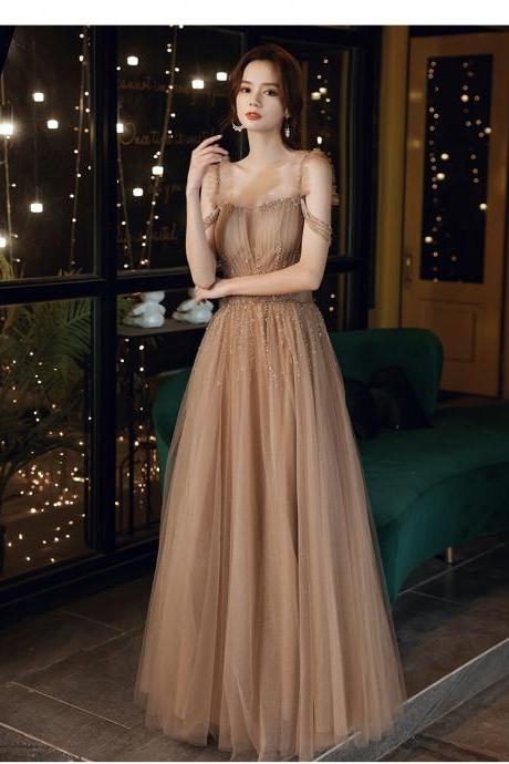 Champagne Prom Dresses 2022 Off The Shoulder Beading Sequins Pleats A Line Tulle Floor Length Evening Dresses Gowns Vestidos De Fiesta