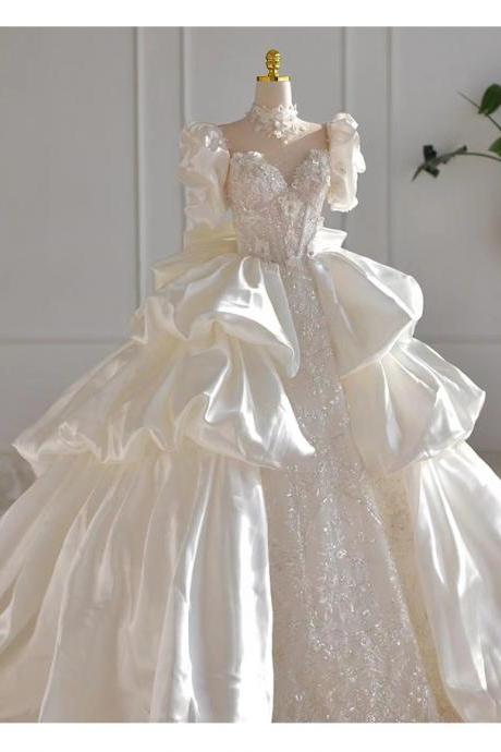 Wedding Dresses 2022 Ball Gown Short Sleeve Ruffle Tiered Lace Appliques Sequins Puffy Bridal Dresses Vestidos De Noiva