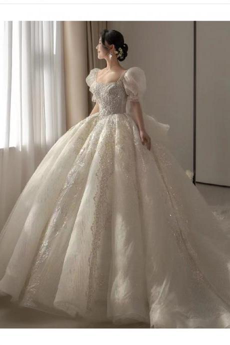 Ball Gown Wedding Dresses 2022 Lace Appliques Sequins Sparkly Beading Long Puffy Bridal Dresses Vestidos De Noiva