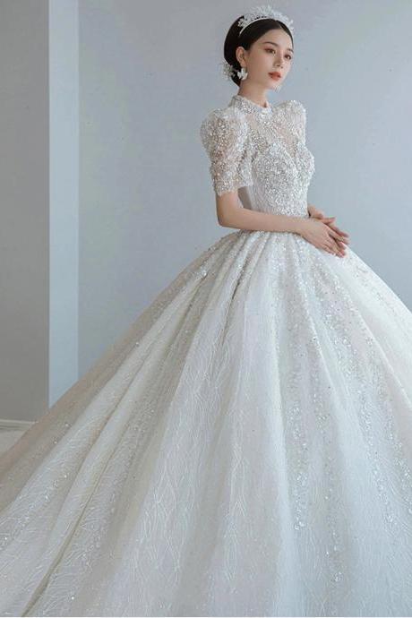 High Neck Wedding Dresses 2022 Crystal Beading Sequins Puffy Long Bridal Dresses Vestidos De Noiva Long Sleeve Bridal Gowns