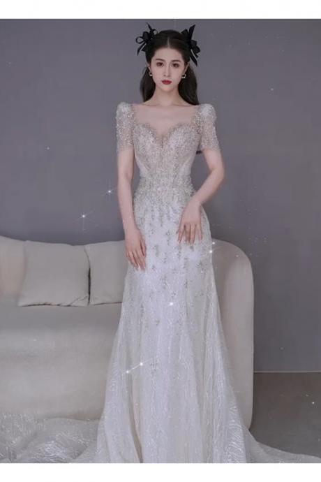 mermaid wedding dresses 2022 short sleeve sheer crew neckline lace appliques sparkly long bridal dresses vestidos de noiva