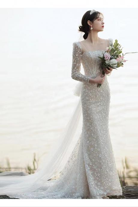 Mermaid Wedding Dresses 2022 Square Neckline Lace Hand Made Flowers Bling Bling Shinning Bridal Dresses Gowns